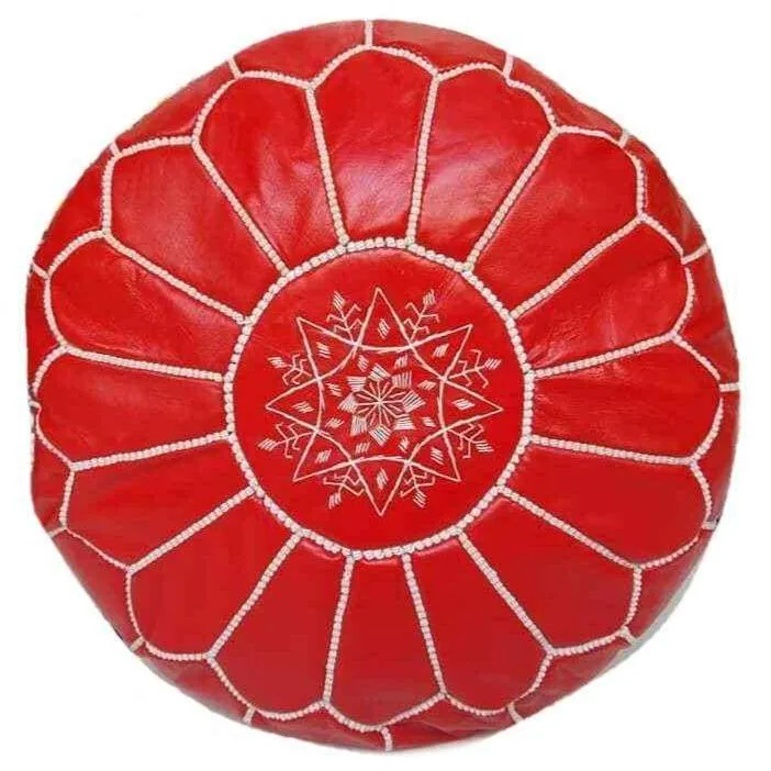 Moroccan Leather Ottoman - Red with White Embroideries